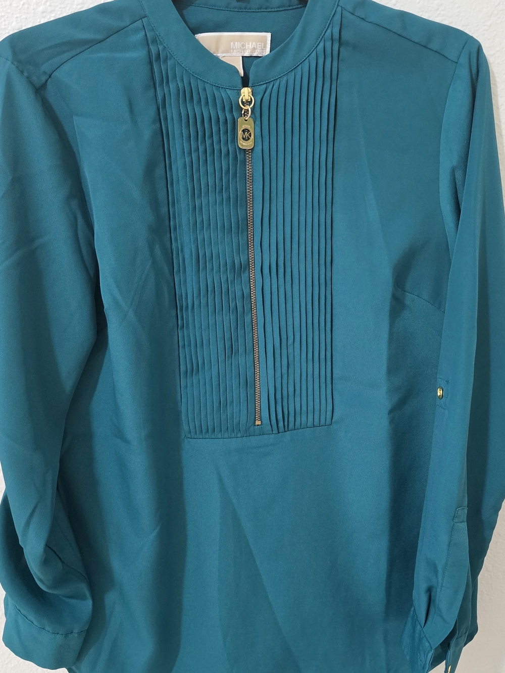 Michael Kors Teal Pintuck Zip-Front Blouse